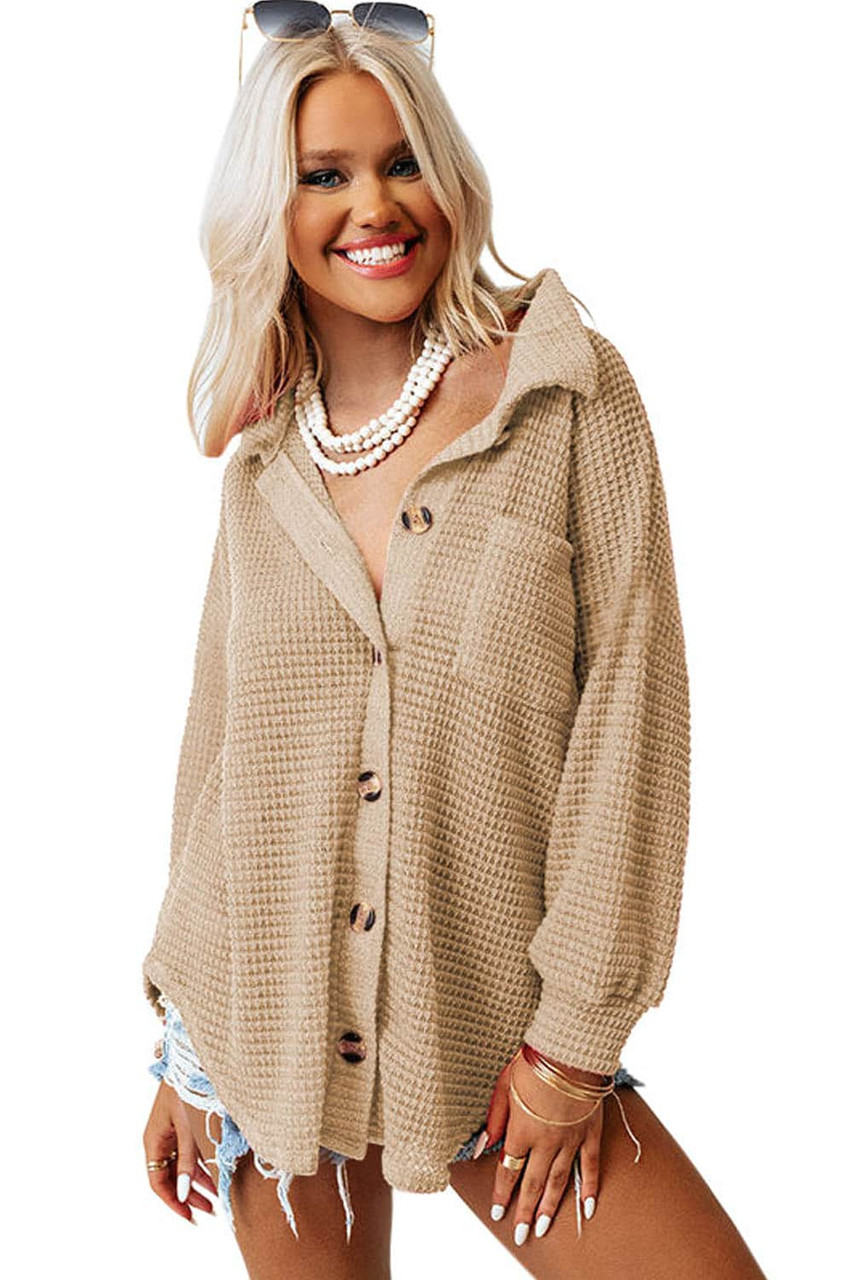 Khaki Waffle Knit Button Up Casual Shirt