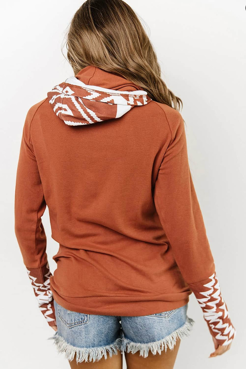 Brown Aztec Print Patchwork Thumb Hole Hoodie