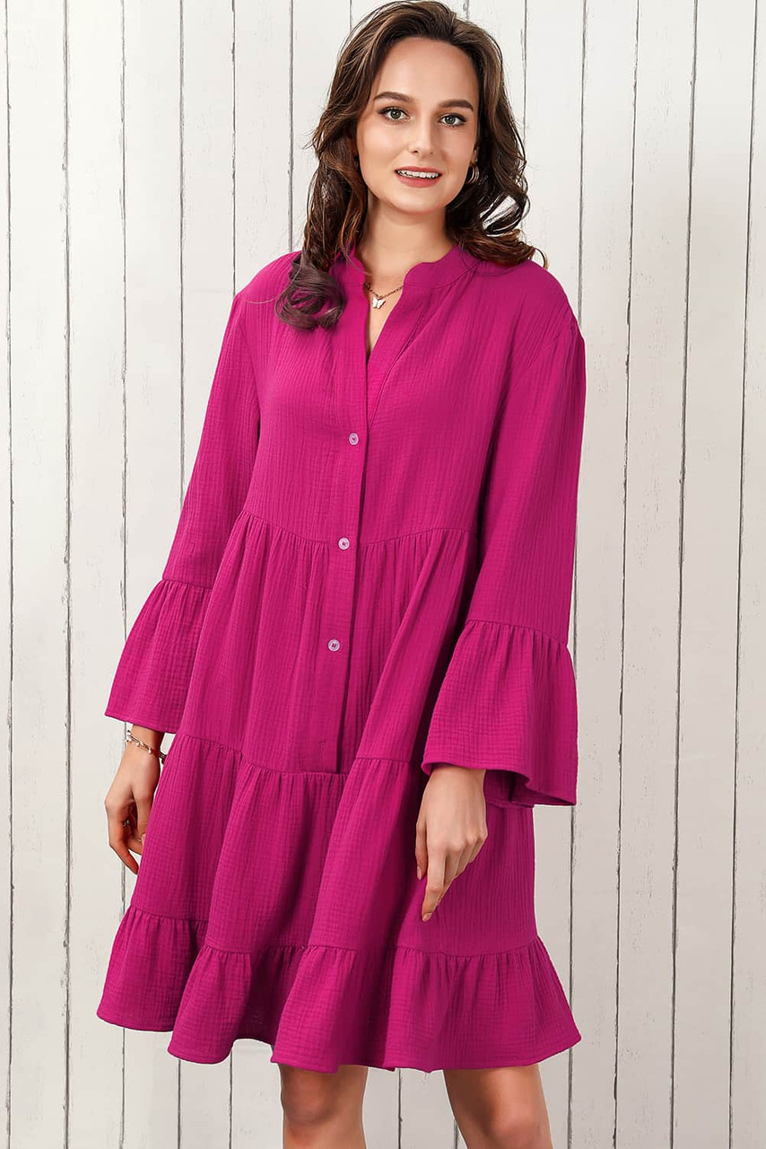 Rose Crinkled Tiered Split Neck Shirt Dress