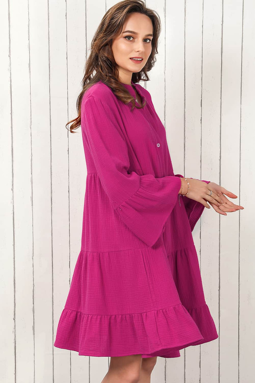 Rose Crinkled Tiered Split Neck Shirt Dress