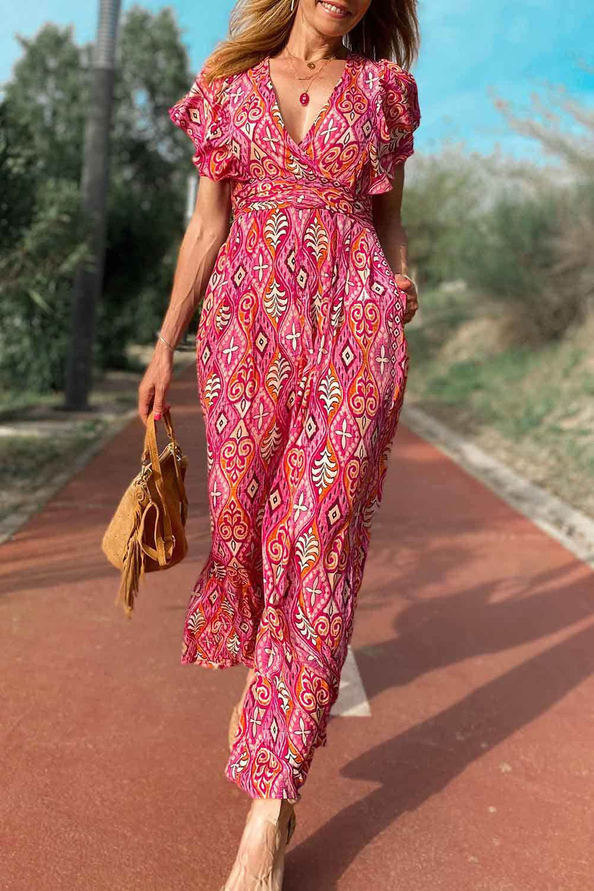 Rose Printed V Neck Button Open Back Wide Leg Jumpsuit