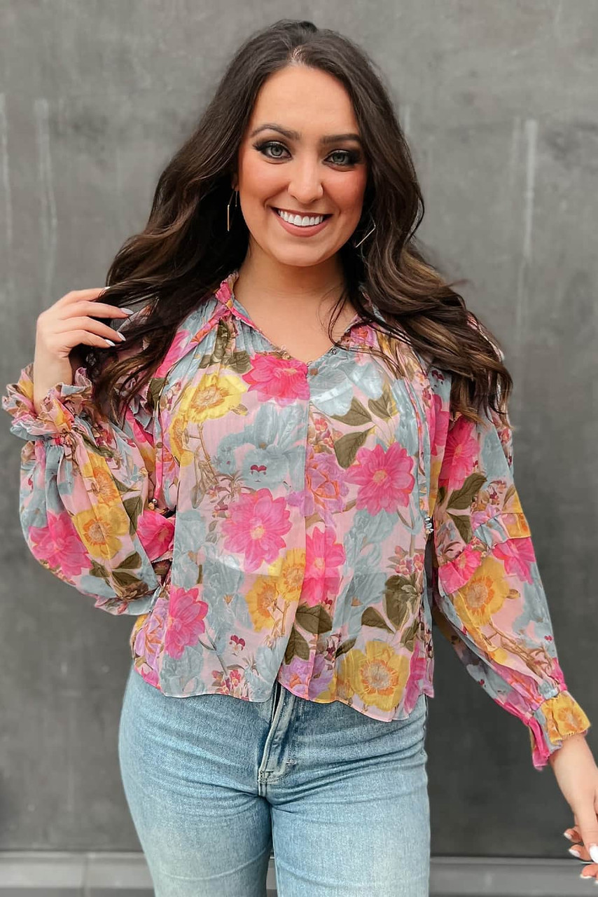 Pink Floral Print Tiered Ruffled Long Sleeve Blouse