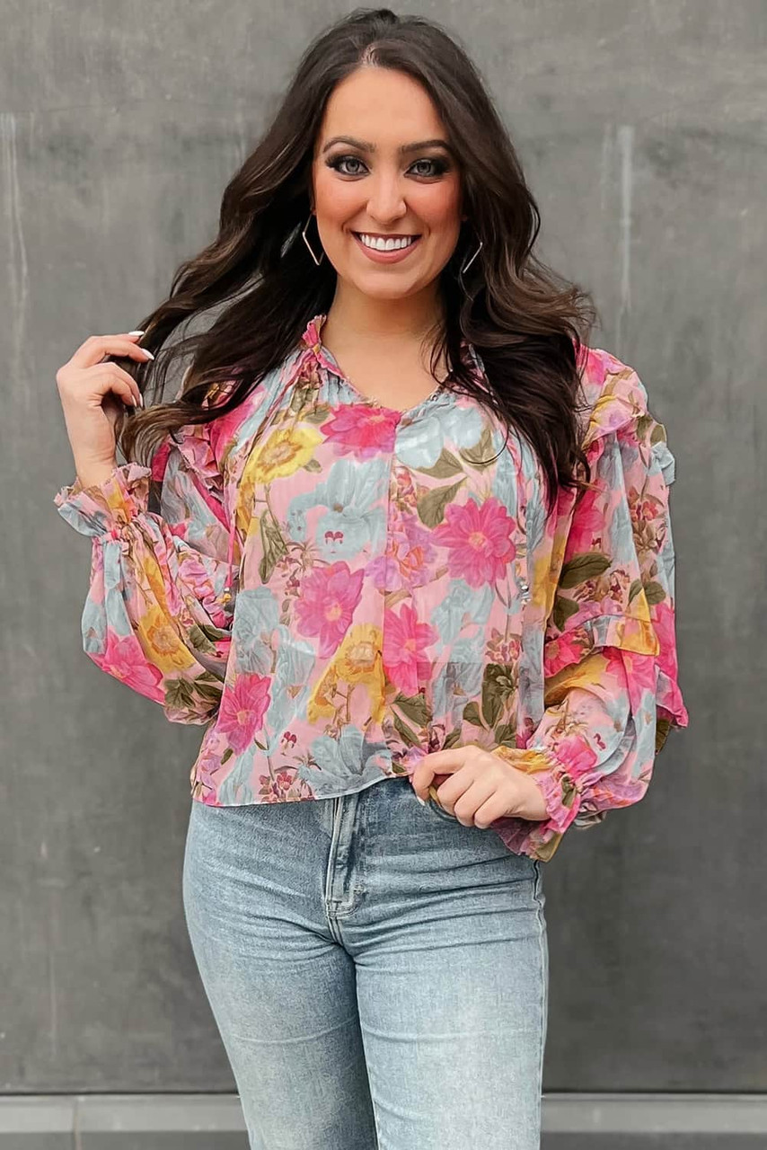 Pink Floral Print Tiered Ruffled Long Sleeve Blouse