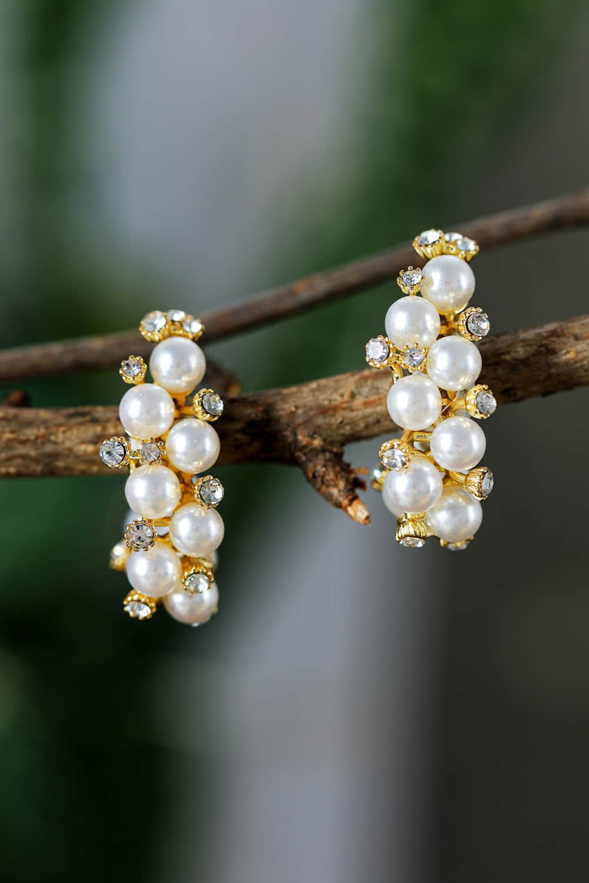 White Faux Pearl Rhinestone Hoop Earrings