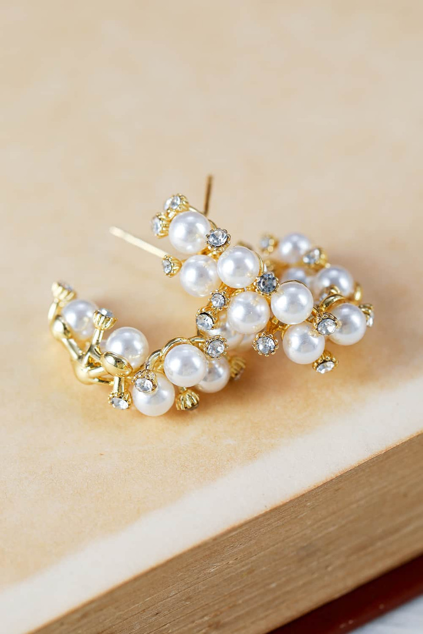 White Faux Pearl Rhinestone Hoop Earrings