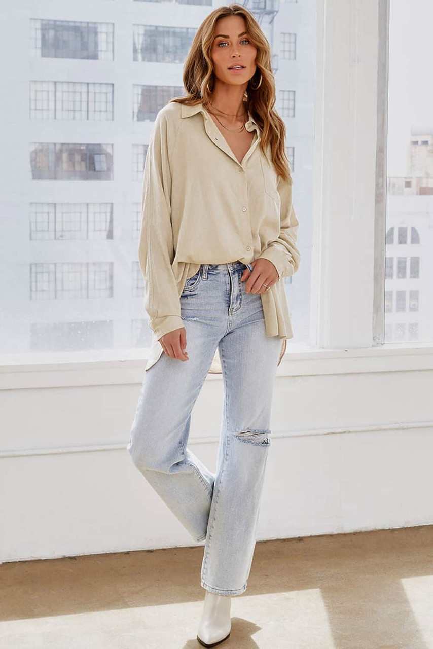 Apricot Solid Buttoned Chest Pocket High Low Loose Shirt