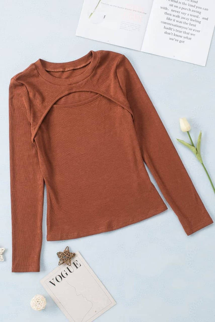 Brown Ribbed Peekaboo Cutout Long Sleeve Top Brown Ribbed Peekaboo Cutout Long Sleeve Top