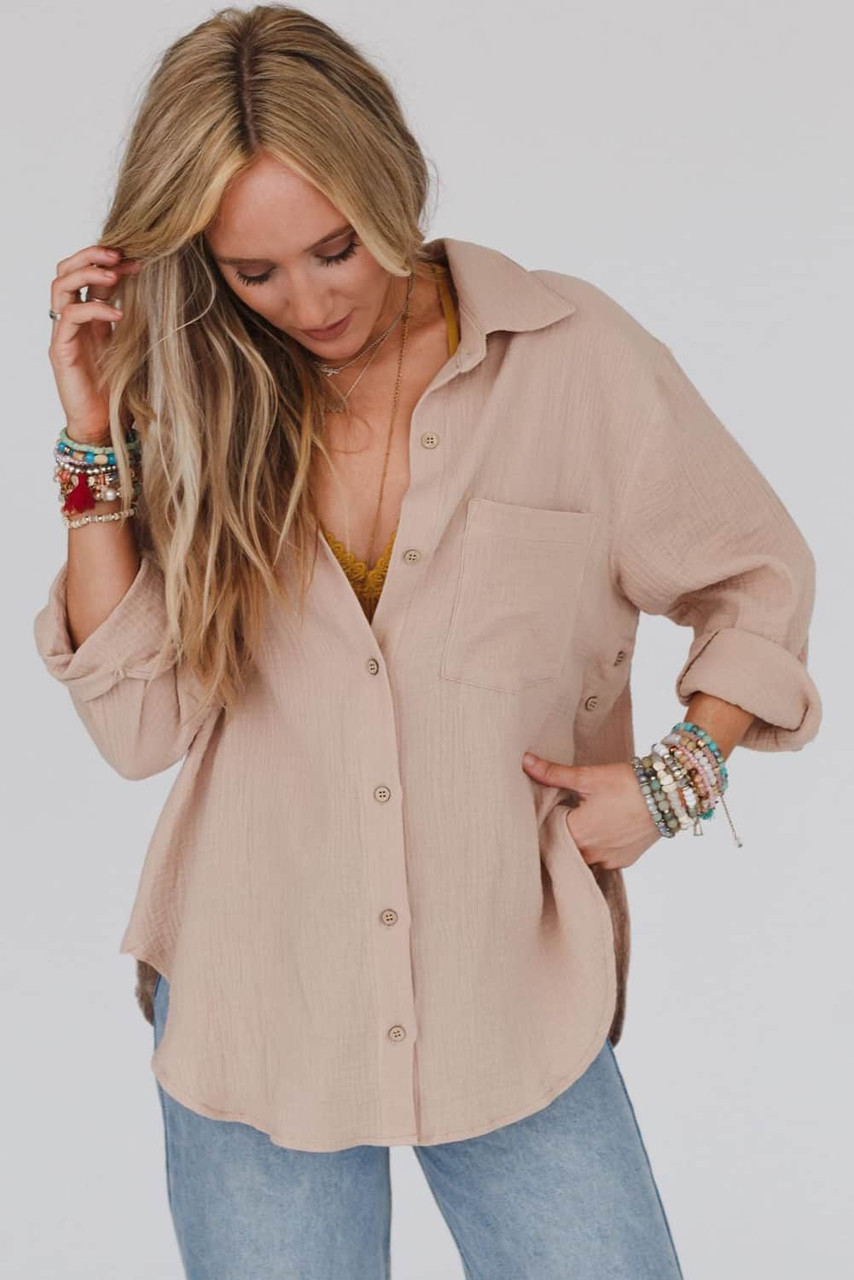 Khaki Crinkled Turn-down Collar Buttoned Shirt with Pocket