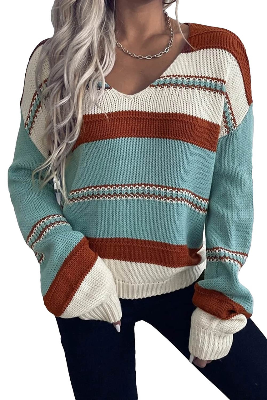 Sky Blue Striped Pattern Knit V Neck Sweater