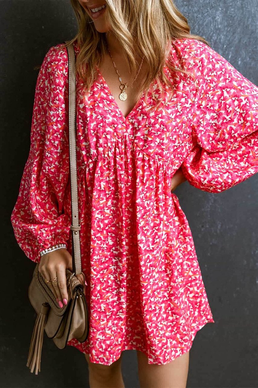 Rose Floral Print Empire Waist Bubble Sleeve Dress