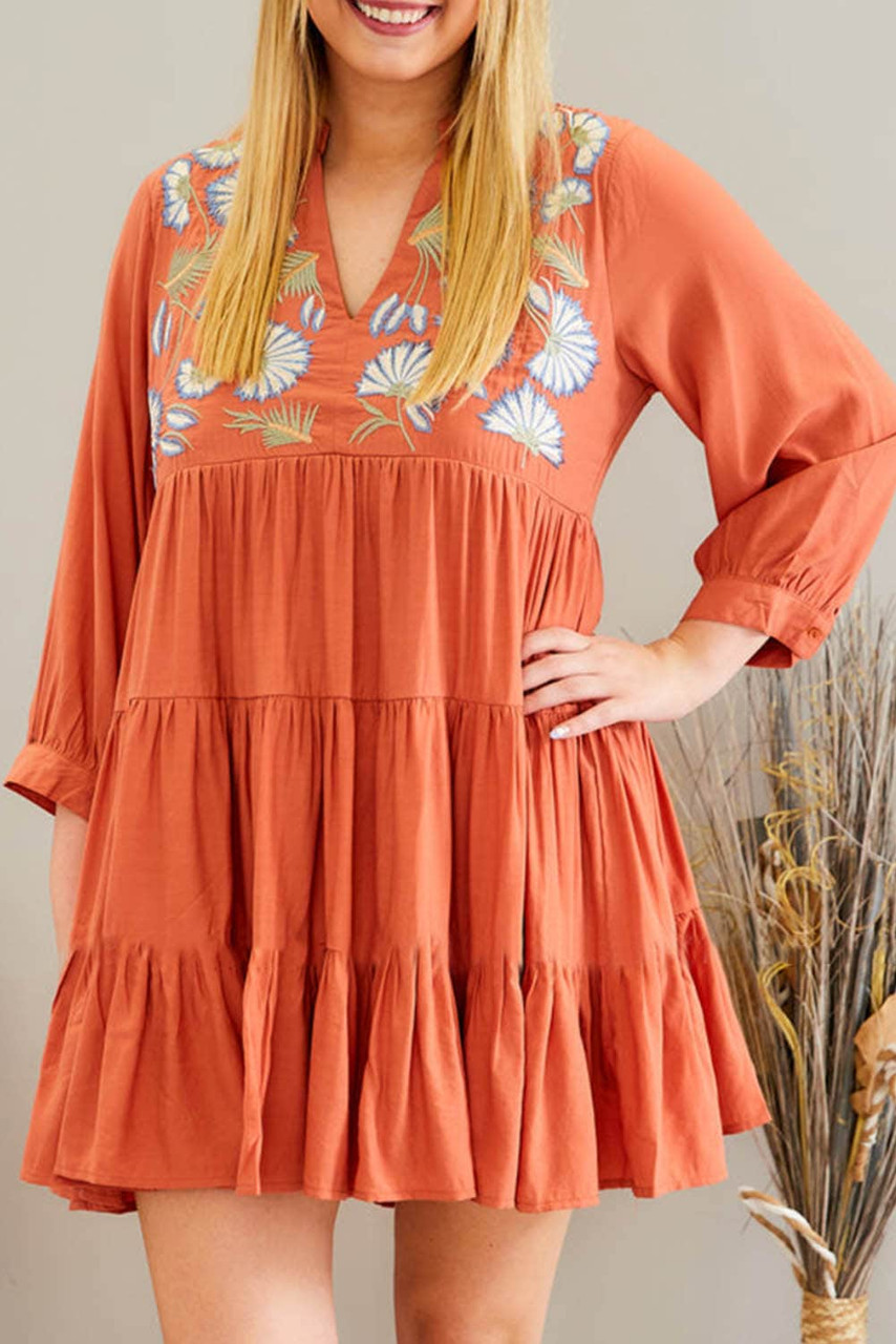 Orange Embroidered Tiered Ruffle Dress Orange Embroidered Tiered Ruffle Dress