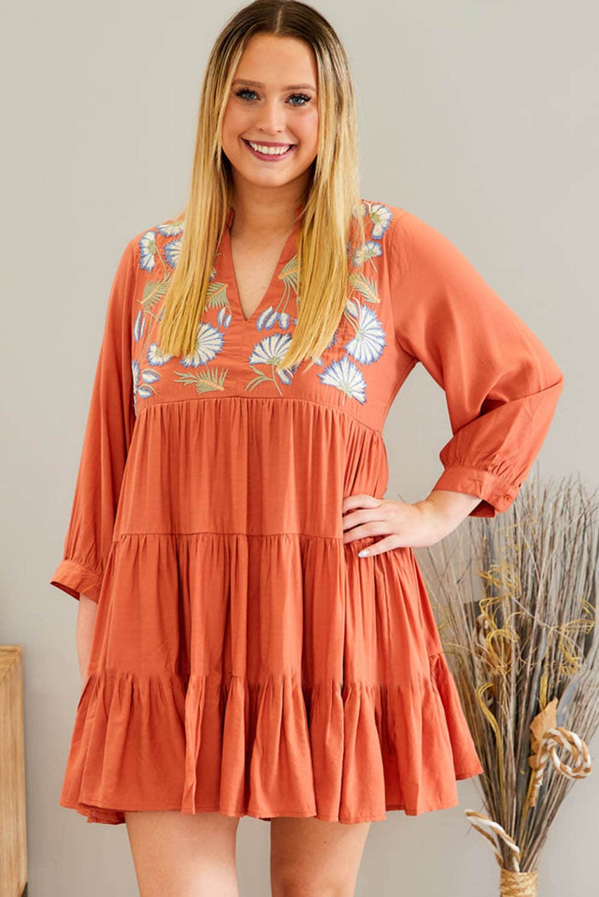 Orange Embroidered Tiered Ruffle Dress