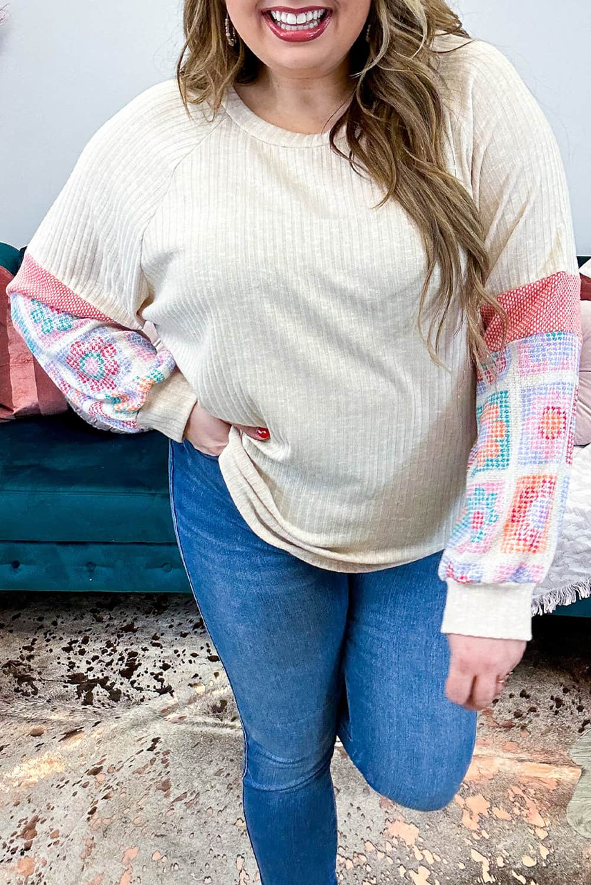 Apricot Plus Size Floral Print Raglan Bubble Sleeve Top