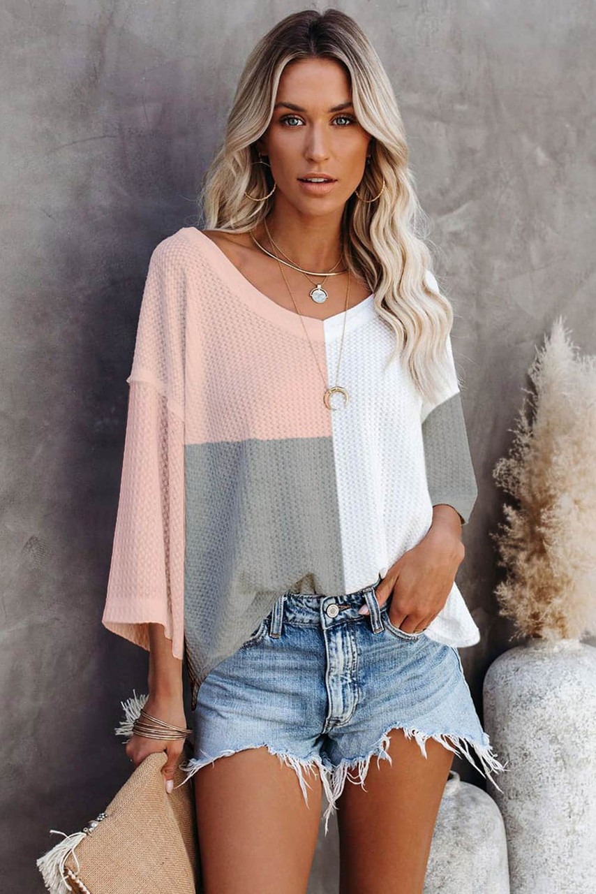 Multicolor Waffle Colorblock Long Sleeve Oversized Top