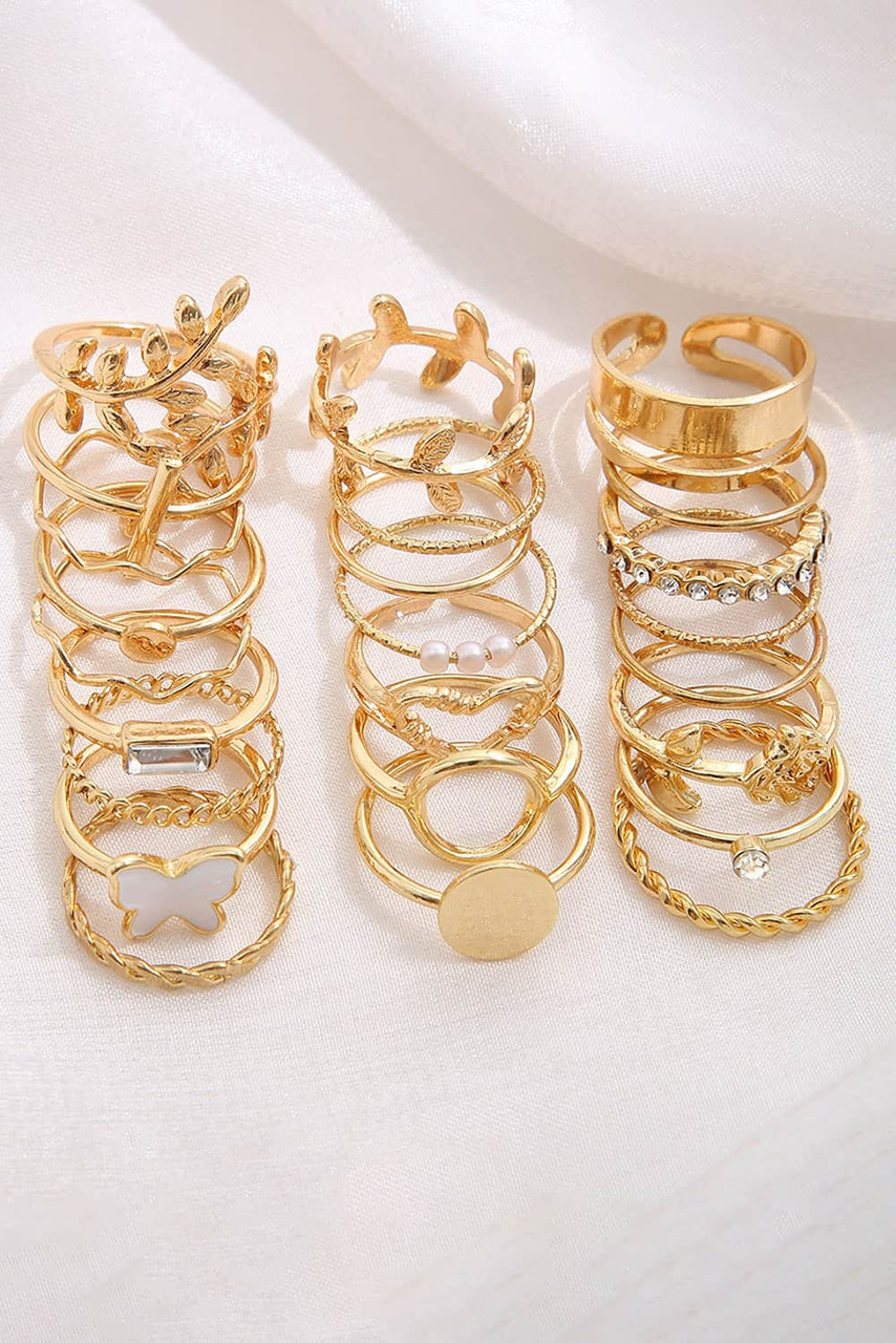 Gold Butterfly Vines Hollowed Heart Geometric 24-piece Ring set