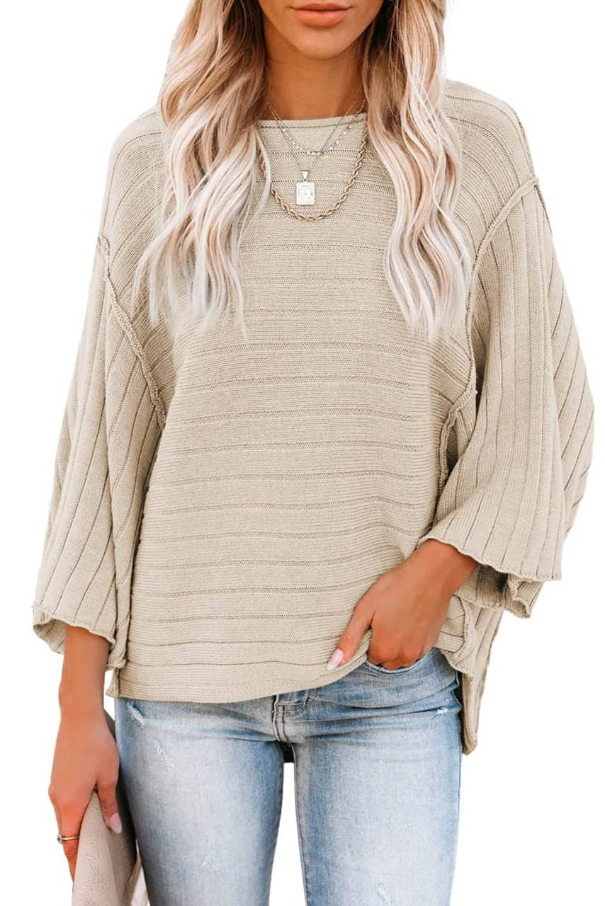 Apricot Exposed Seam Ribbed Knit Dolman Sweater Apricot Exposed Seam Ribbed Knit Dolman Sweater