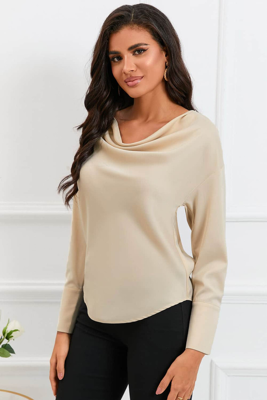 Apricot Cowl Neck Long Sleeve Elegant Blouse