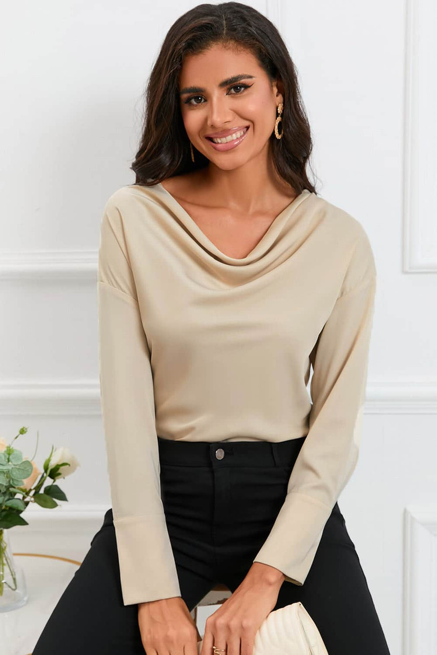 Apricot Cowl Neck Long Sleeve Elegant Blouse