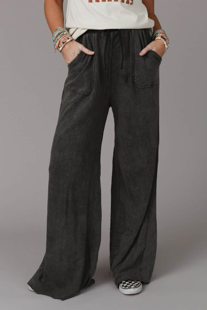 Gray Mineral Washed  Drawstring Retro Wide Leg Pants