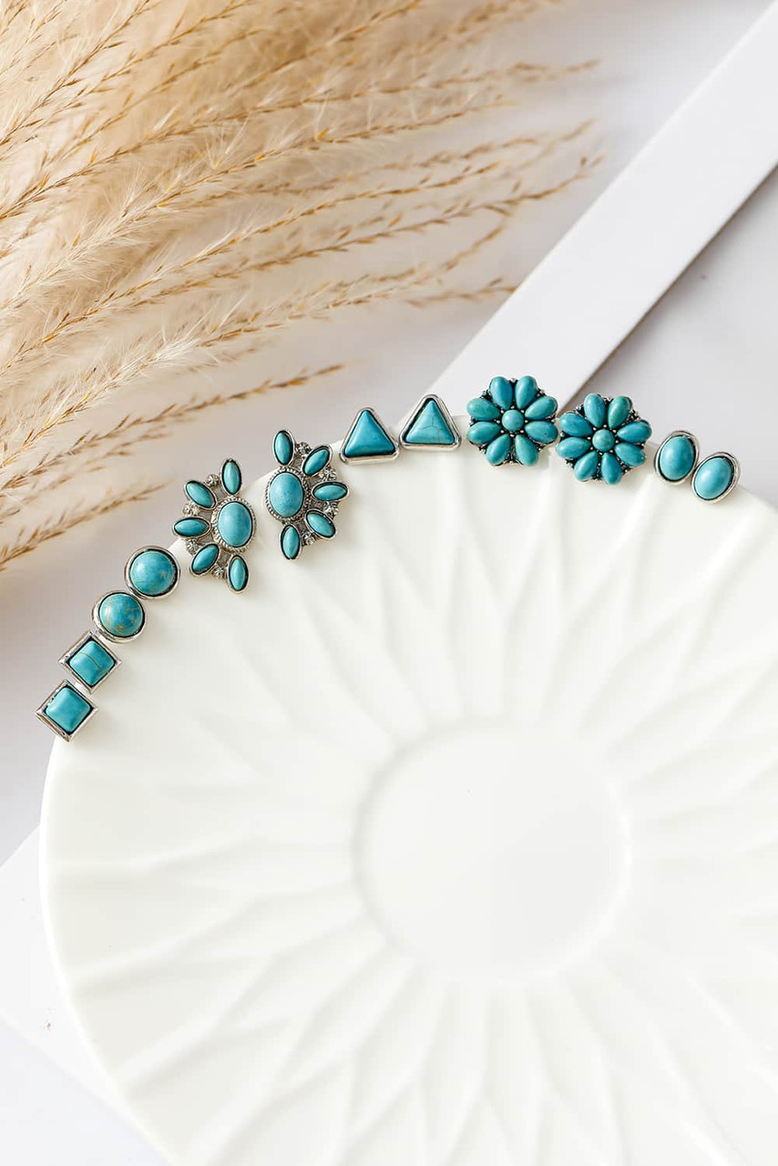 Green 6 Pair Turquoise Boho Vintage Earrings Set