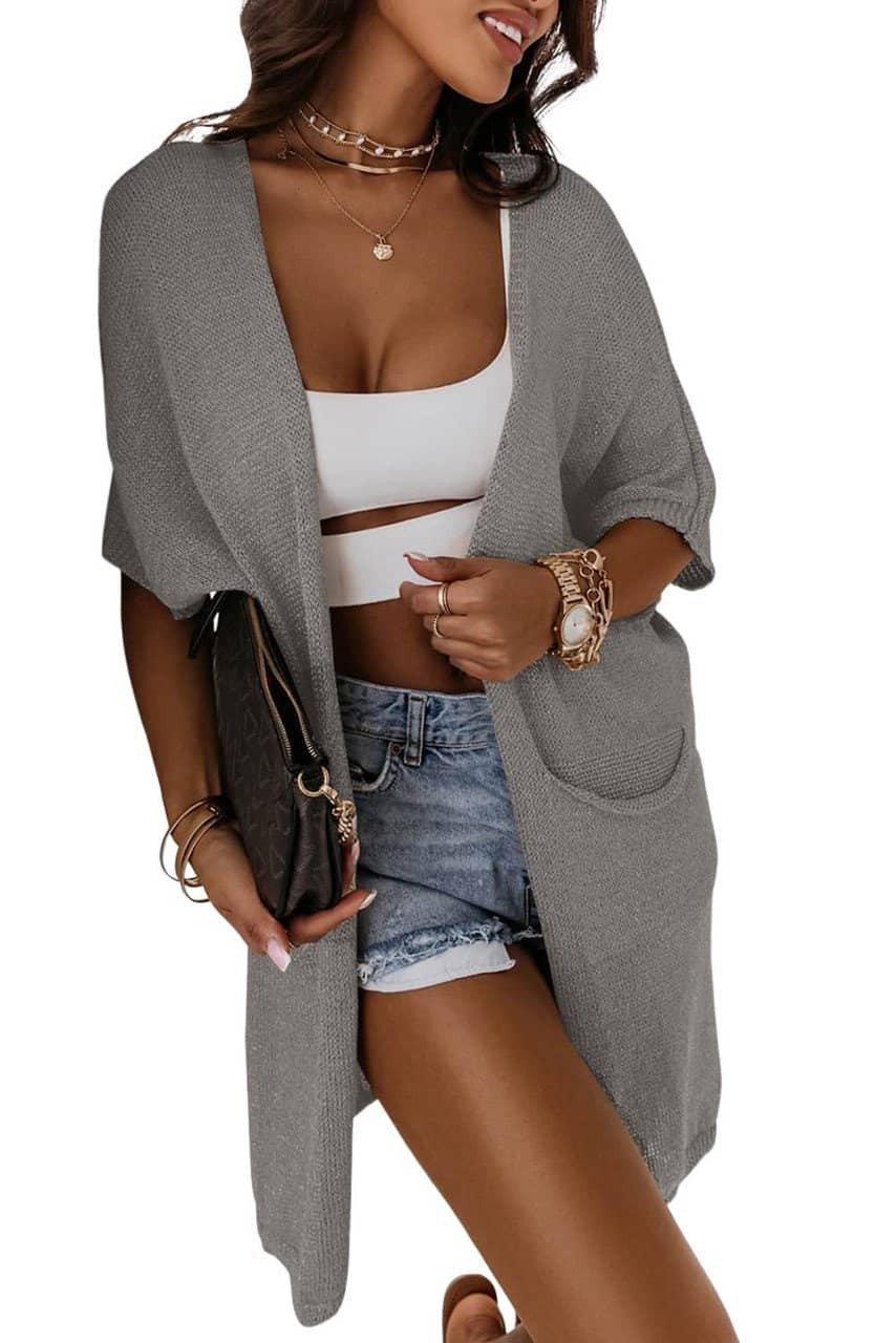 Gray Dolman Half Sleeve Pocketed Long Cardigan Gray Dolman Half Sleeve Pocketed Long Cardigan