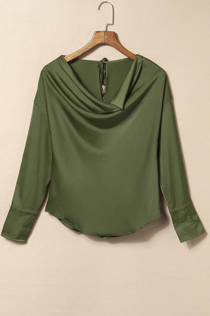 Green Cowl Neck Long Sleeve Elegant Blouse