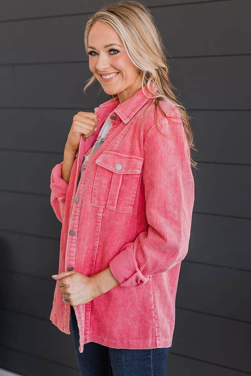 Pink Buttoned Flap Pocket Corduroy Jacket Pink Buttoned Flap Pocket Corduroy Jacket