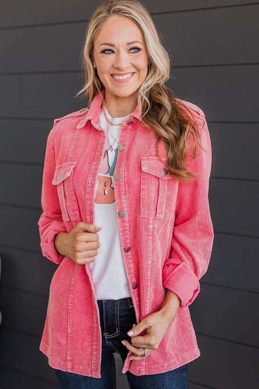 Pink Buttoned Flap Pocket Corduroy Jacket Pink Buttoned Flap Pocket Corduroy Jacket