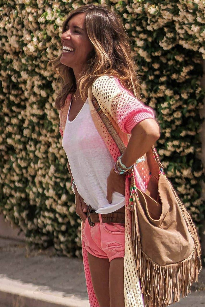 Pink Ribbed Short Sleeve Ombre Eyelet Knitted Cardigan Pink Ribbed Short Sleeve Ombre Eyelet Knitted Cardigan