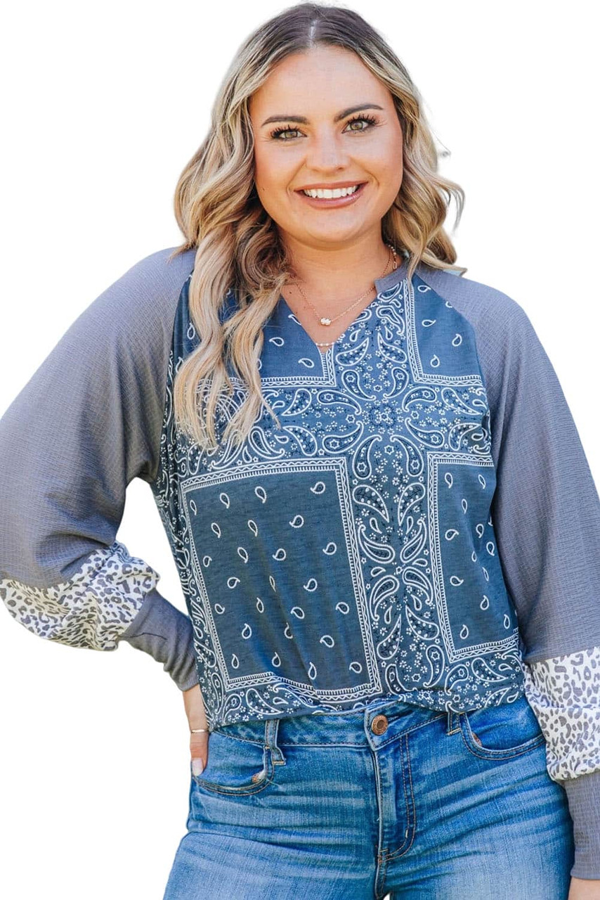 Sky Blue Leopard Paisley Patchwork Split Neck Plus Size Top