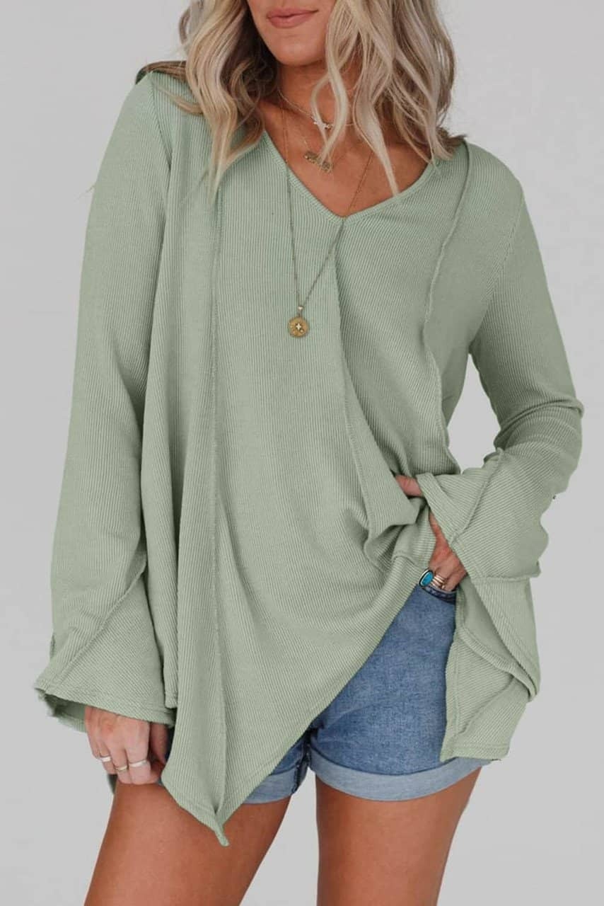 Green Ribbed Expose Seam Bell Sleeve Top Green Ribbed Expose Seam Bell Sleeve Top