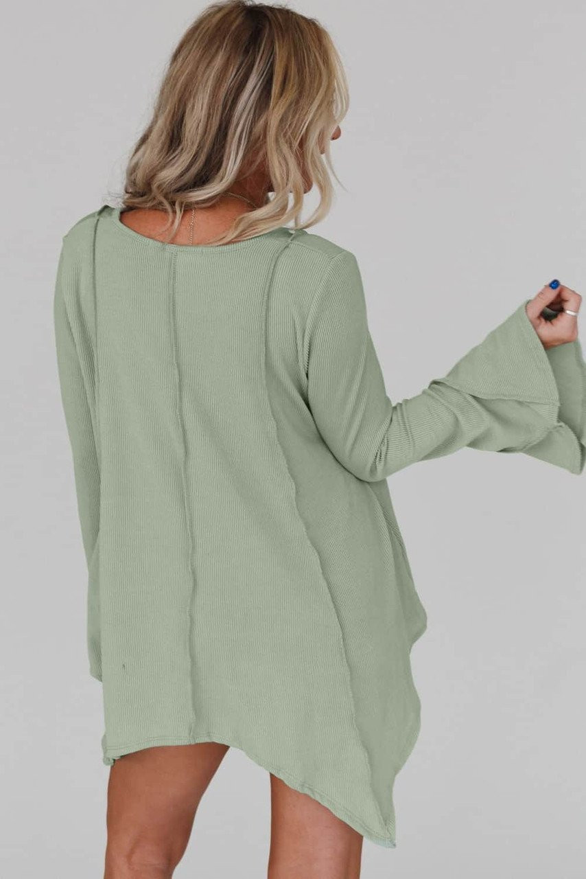 Green Ribbed Expose Seam Bell Sleeve Top Green Ribbed Expose Seam Bell Sleeve Top