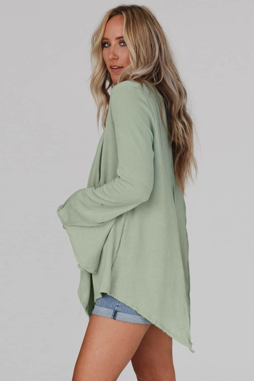 Green Ribbed Expose Seam Bell Sleeve Top Green Ribbed Expose Seam Bell Sleeve Top