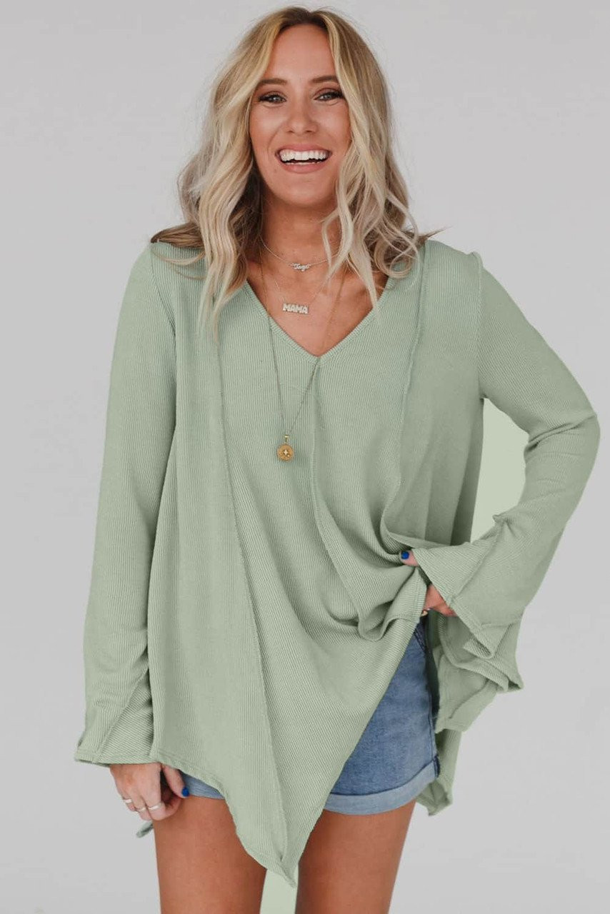 Green Ribbed Expose Seam Bell Sleeve Top Green Ribbed Expose Seam Bell Sleeve Top
