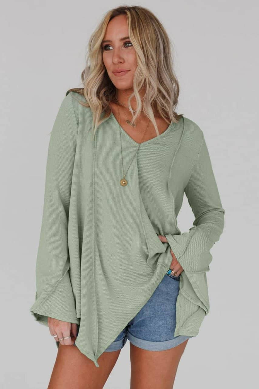 Green Ribbed Expose Seam Bell Sleeve Top Green Ribbed Expose Seam Bell Sleeve Top