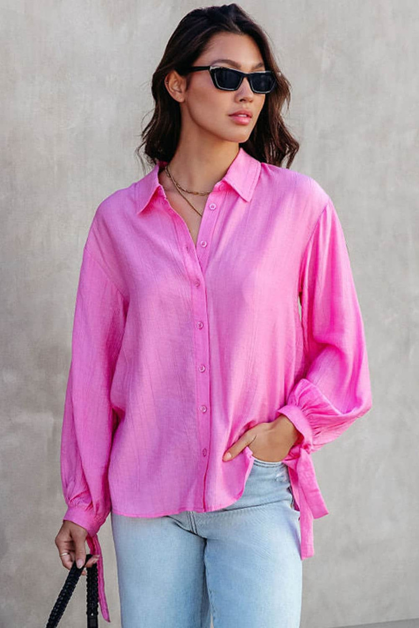 Pink Split Back Tie Knot Buttoned Long Sleeve Shirt