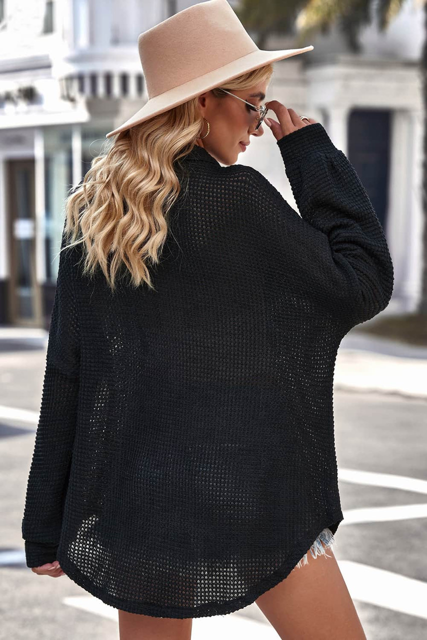 Black Waffle Knit Button Up Casual Shirt