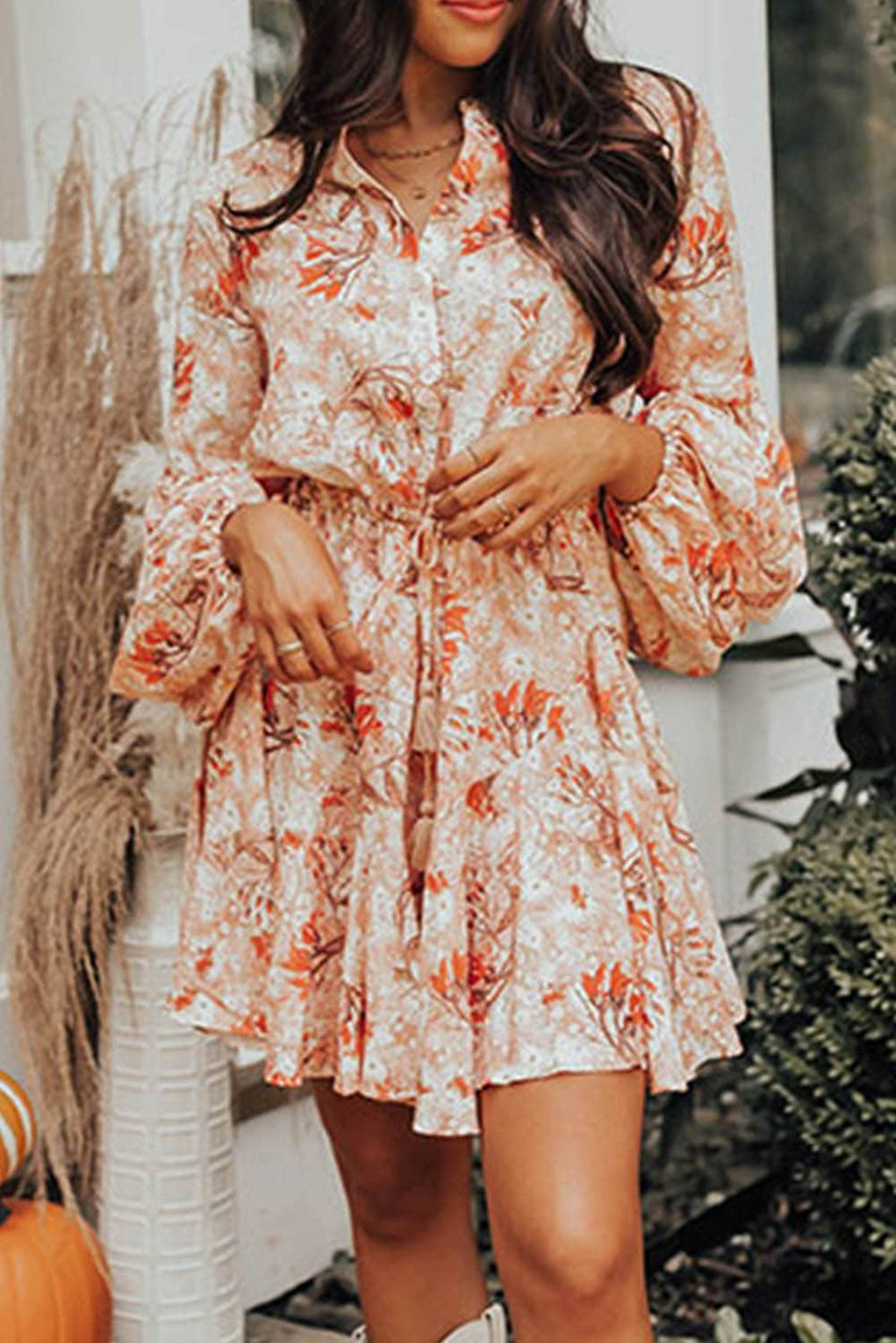 Orange Bubble Sleeve Cinched Waist Floral Dress