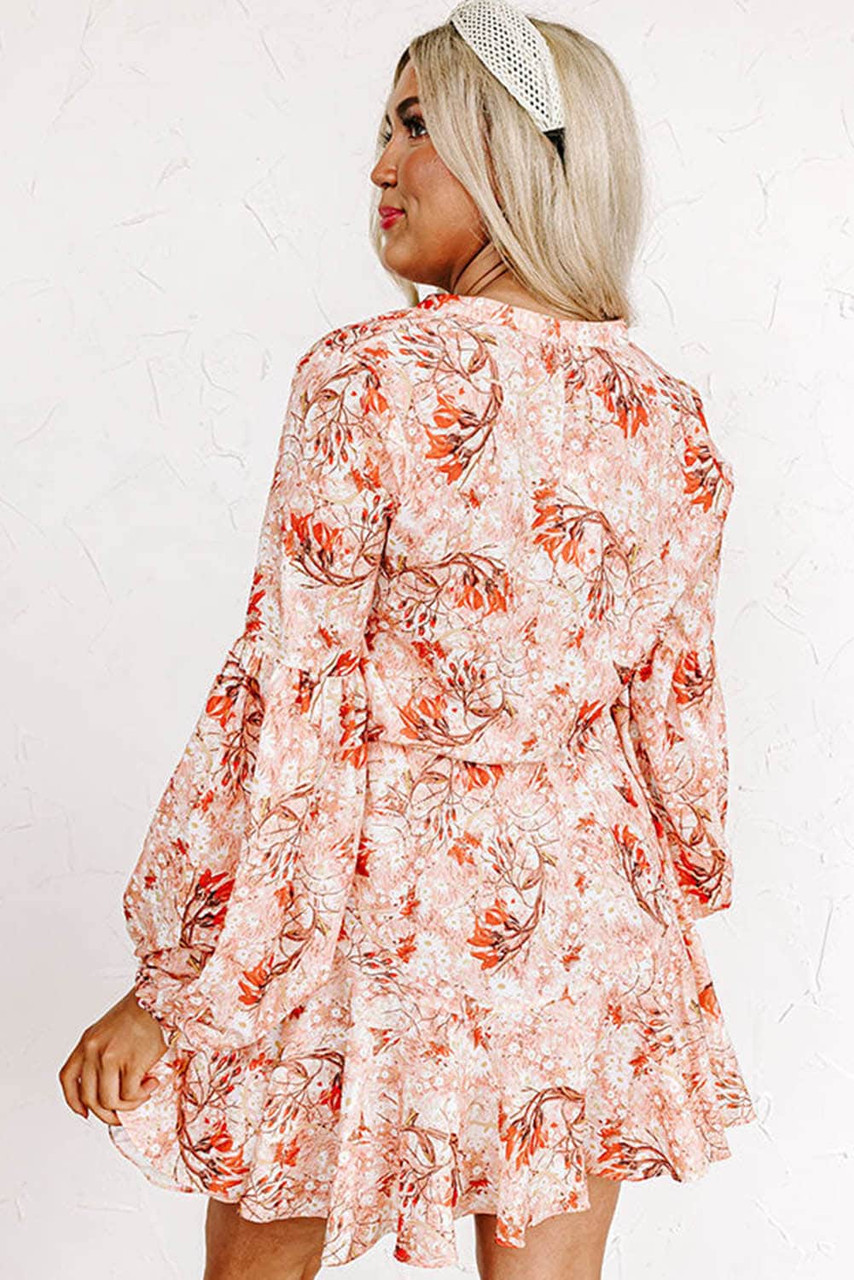 Orange Bubble Sleeve Cinched Waist Floral Dress