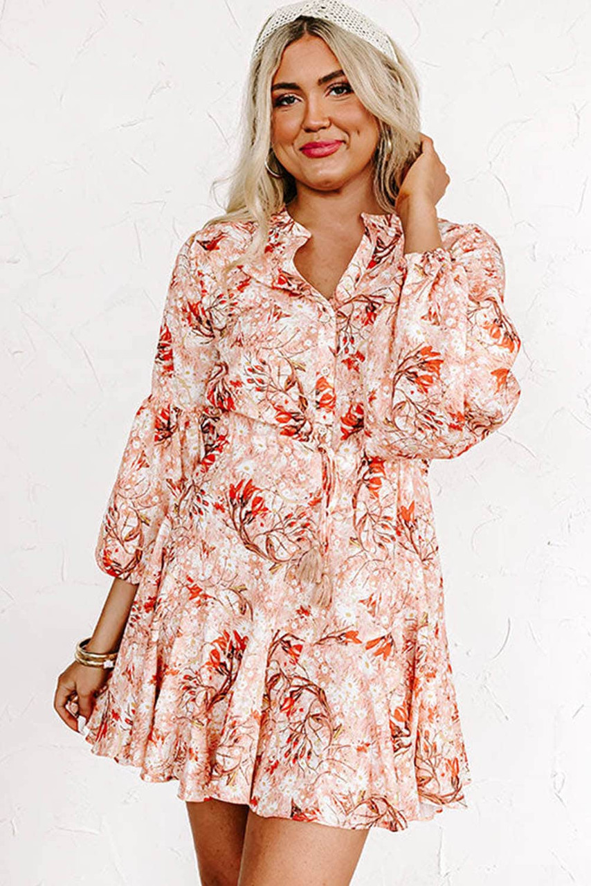 Orange Bubble Sleeve Cinched Waist Floral Dress