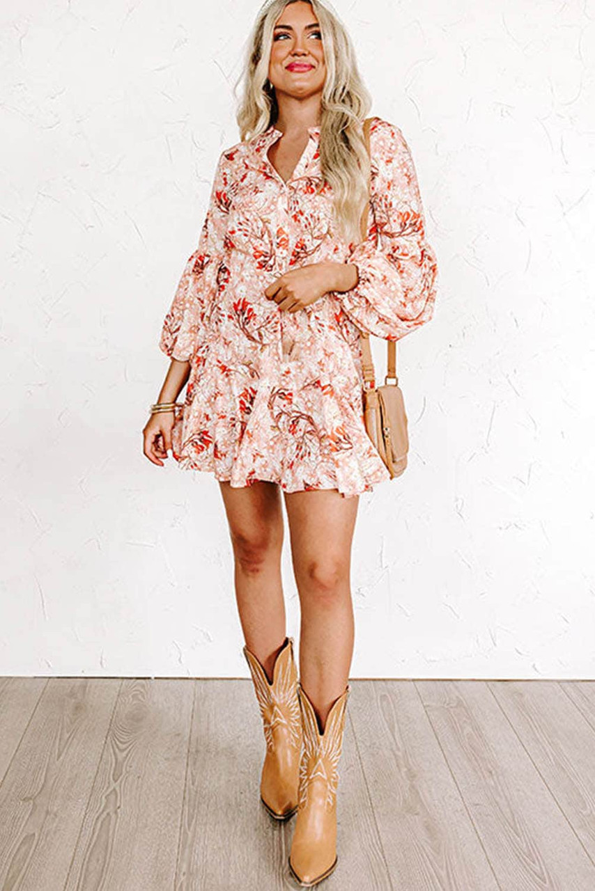 Orange Bubble Sleeve Cinched Waist Floral Dress