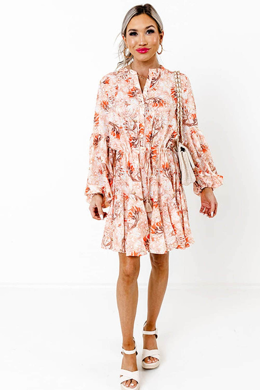 Orange Bubble Sleeve Cinched Waist Floral Dress