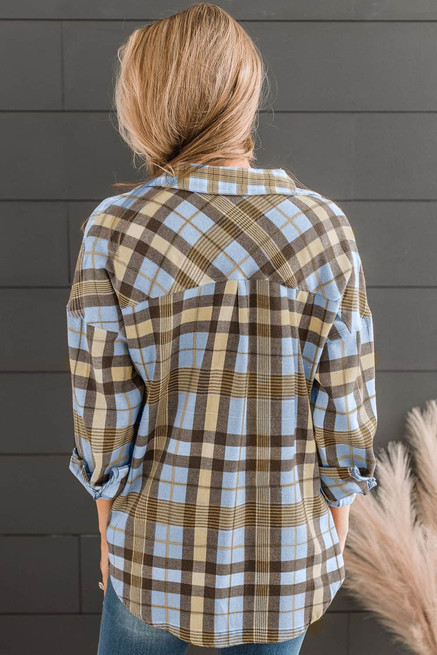 Sky Blue Drop Shoulder Rounded Hem Plaid Pattern Shirt