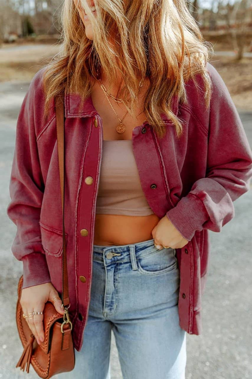 Red Vintage Washed Flap Pocket Button Shacket Red Vintage Washed Flap Pocket Button Shacket