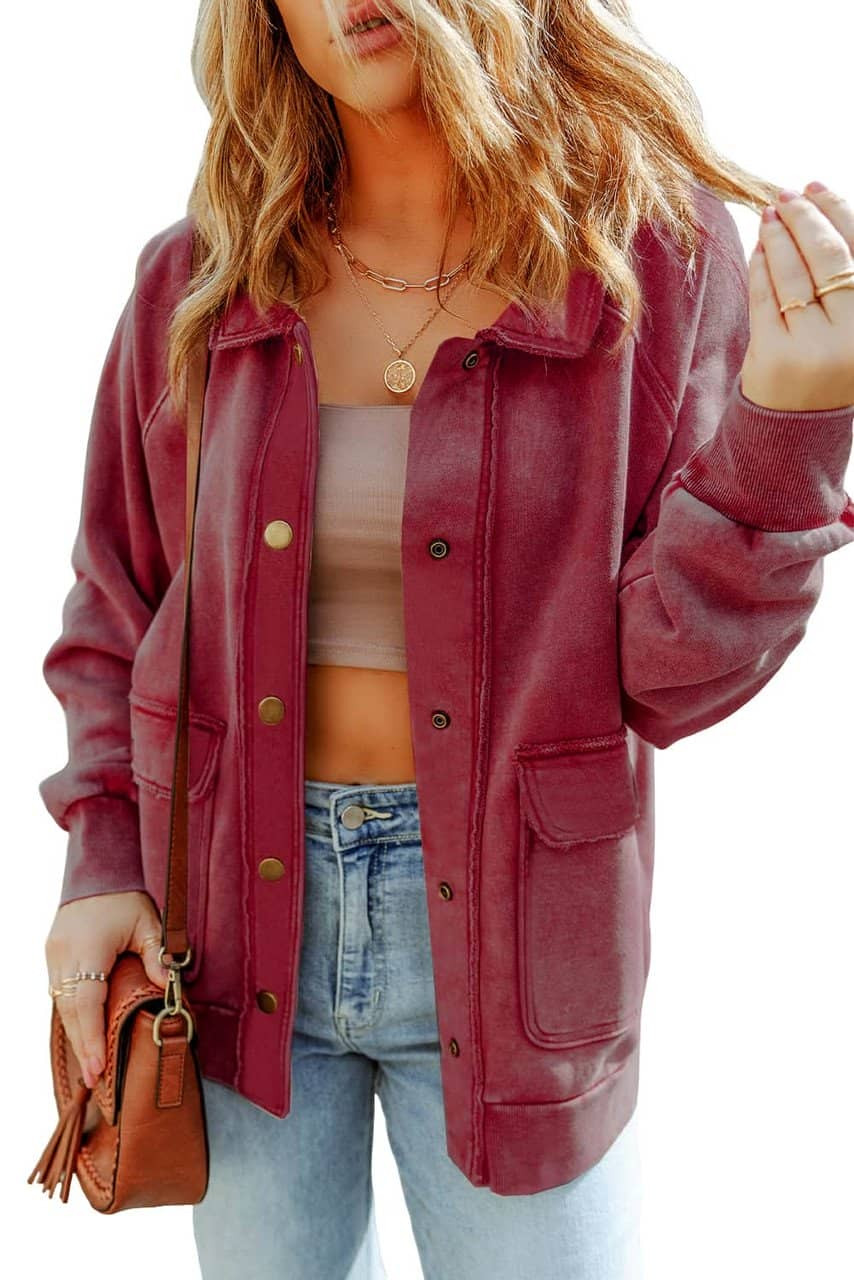 Red Vintage Washed Flap Pocket Button Shacket Red Vintage Washed Flap Pocket Button Shacket