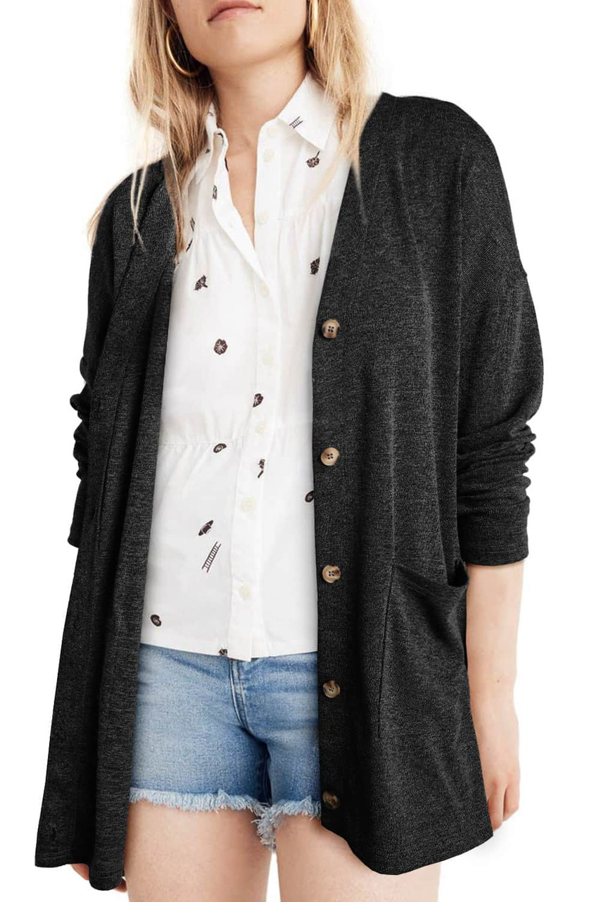 Black Heather Knit Pocketed Button Front Cardigan