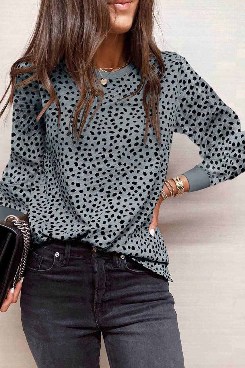 Gray Animal Spotted Print Round Neck Long Sleeve Top