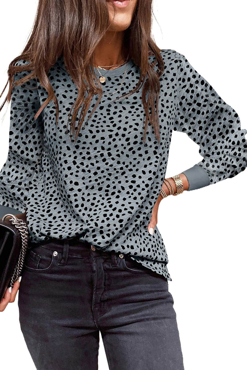 Gray Animal Spotted Print Round Neck Long Sleeve Top