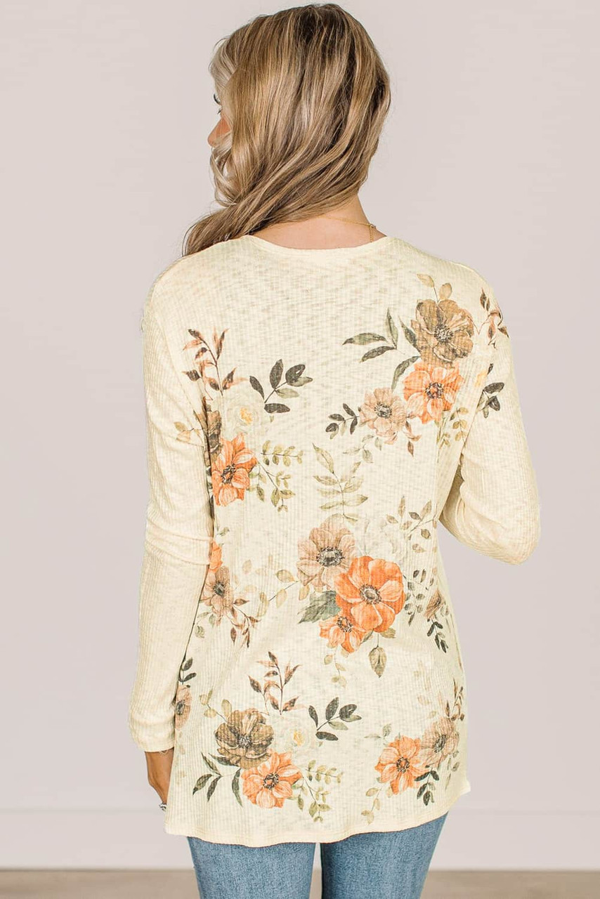 Apricot Floral Print Ribbed Knit Slim Fit Cardigan