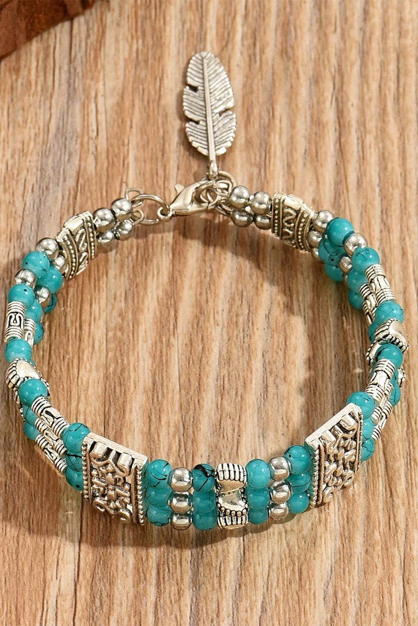 Green Boho Turquoise Beaded Geometric Carved Feather Bracelet